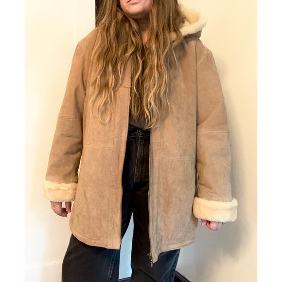 Vintage St. John’s Bay Washable Tan Leather Suede & Faux Shearling Fur Coat- XL - Picture 1 of 6